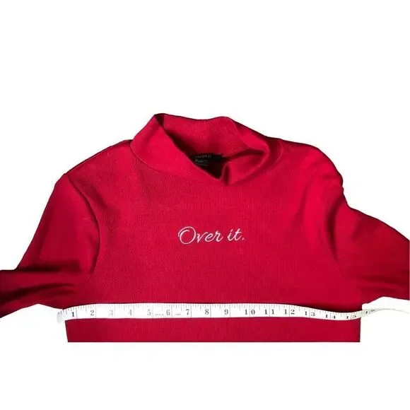 Forever 21 ribbed long sleeve red faux turtleneck with embroidered “over it” - Picture 6 of 9